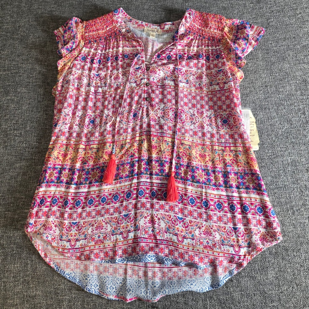 One World Coral Paisley Lurex Tassel Blouse Smocked High Low Top Large NWT